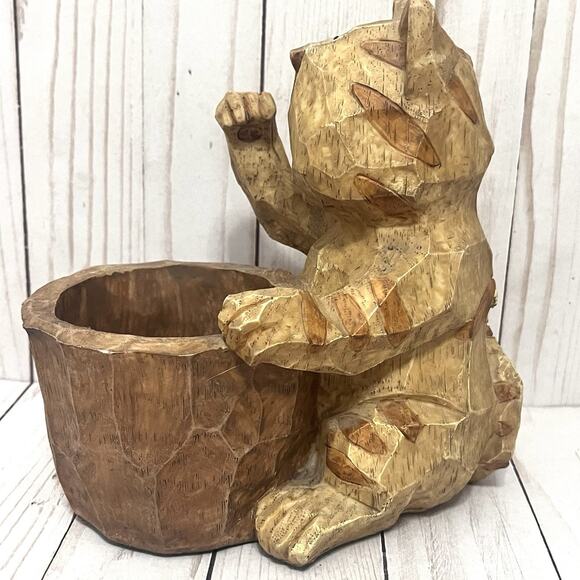 Boho Hand Carved Primitive Wooden Cat Planter or Utensil Holder Rustic Folk Art - Picture 3 of 13